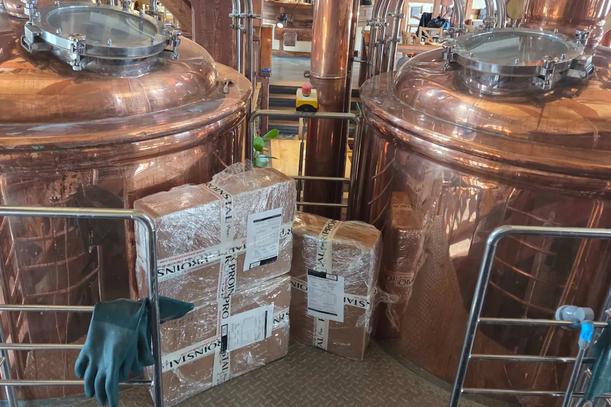 Cartons of Alphonso mango pulp 20 kg delivered to a craft brewery
